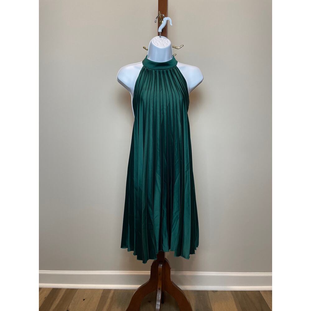 Abercrombie & Fitch Dark Green Satin Pleated Mini Dress Halter Mock Neck Size L